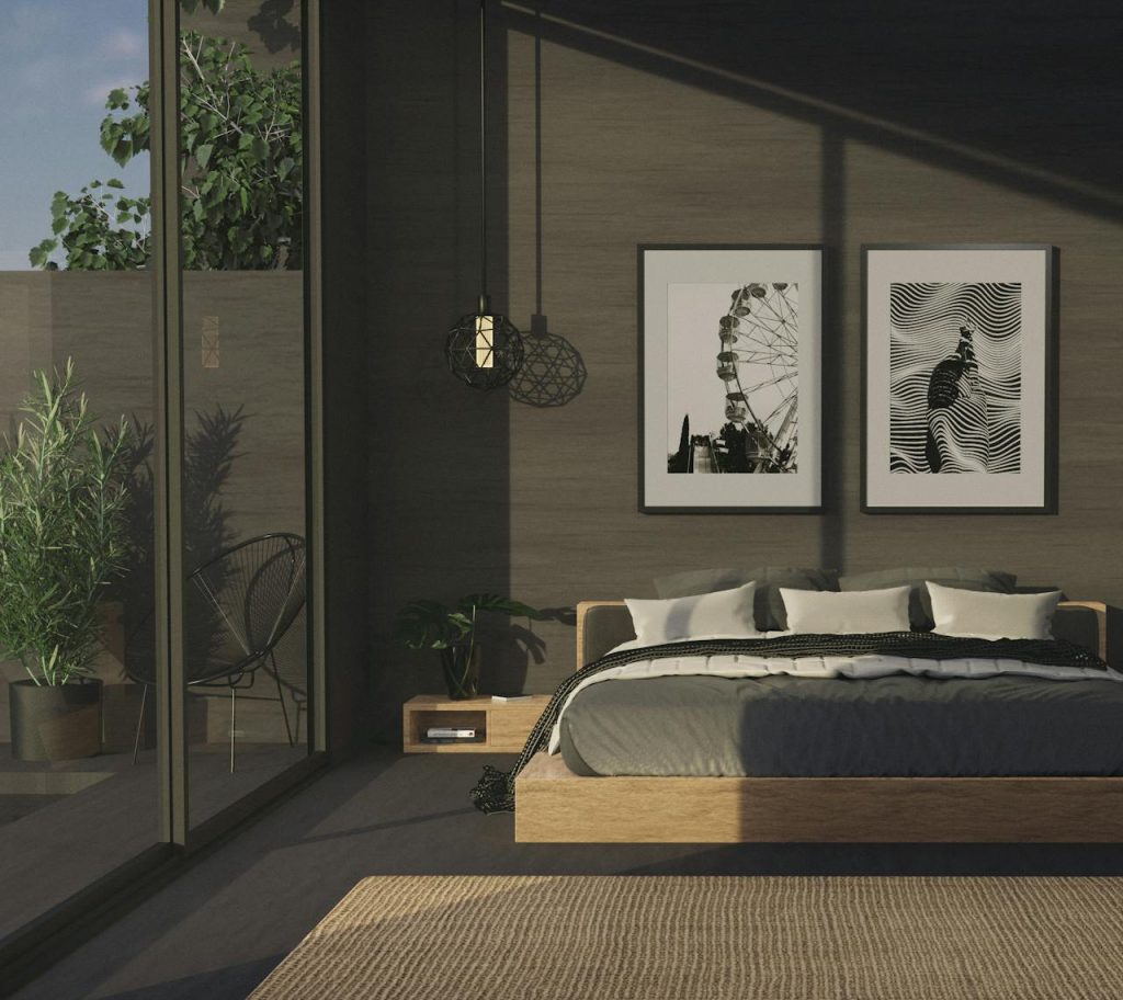 Elegant bedroom featuring minimalist design, large windows, and artistic decor.